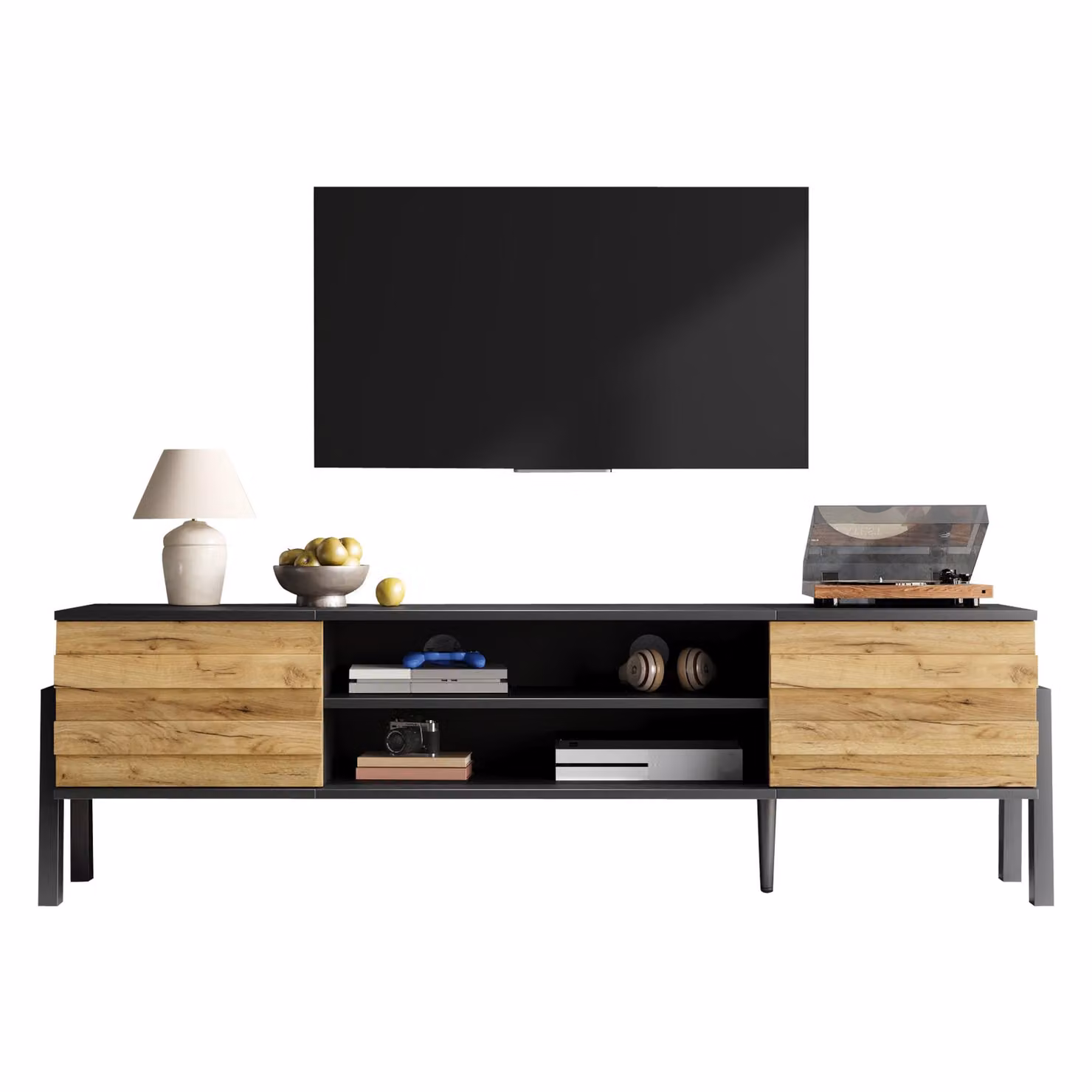 Aosom UK Low-Profile Scandinavian Style TV Cabinet in Natural with Soft-Close Hinges and Adjustable Shelves, W: 39.5 cm, D: 175 cm, H: 53 cm – 2