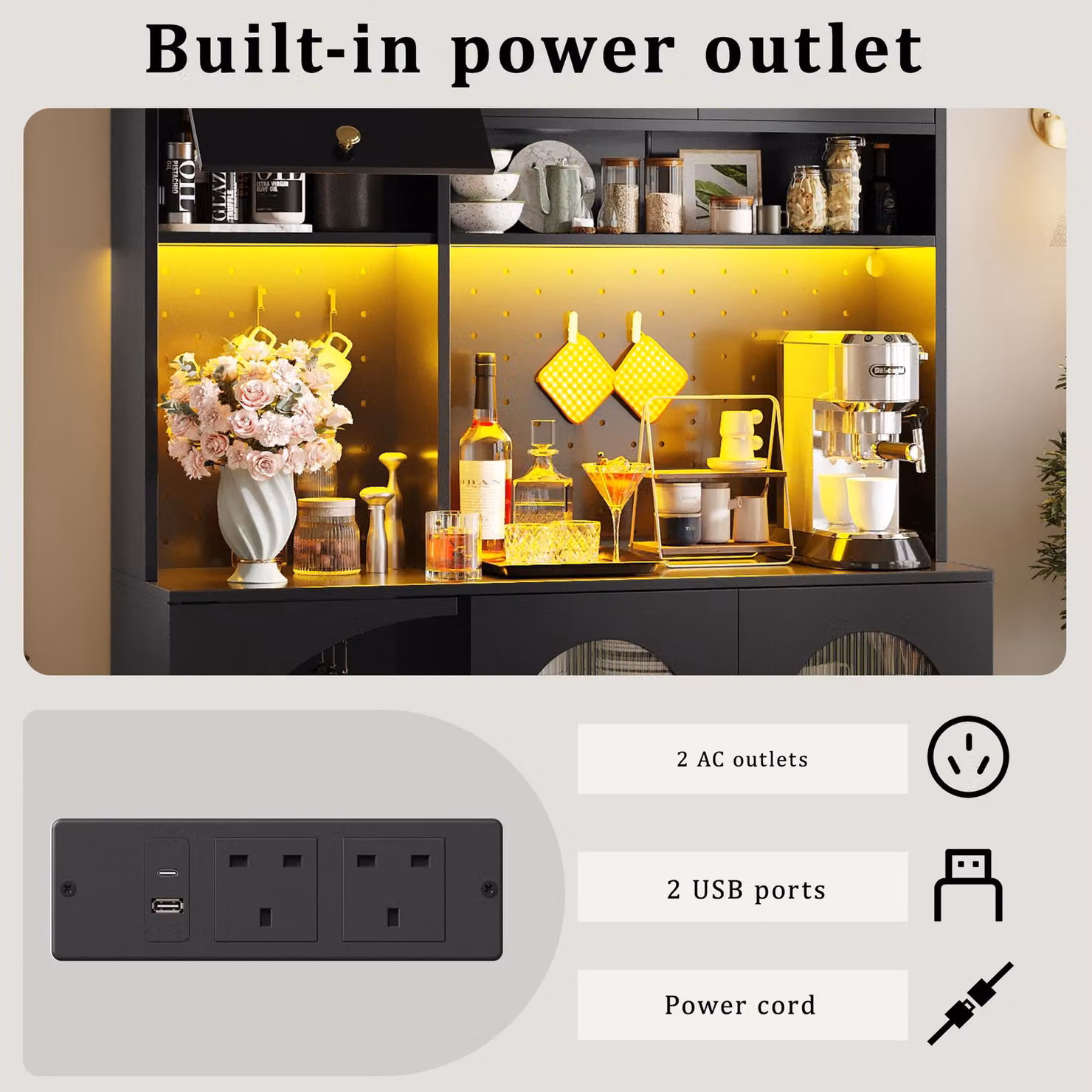 Aosom UK Modern Tall Kitchen Cabinet in Black with Built-In Power Outlets, 2 USB Ports and App-Controlled LED Lighting, W: 40 cm, D: 40 cm, H: 176 cm – 7