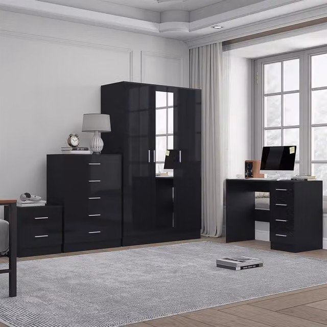 REFLECT Modern Bedroom Furniture Bundle in Black Gloss and Matt Black featuring 3-Door Mirror Wardrobe, Chest of Drawers, Bedside Table and Desk