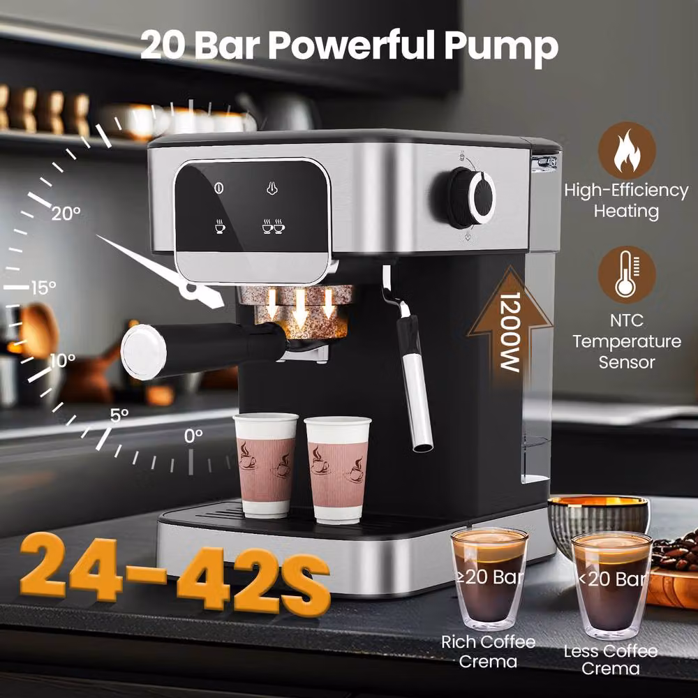 Costway 1200W Professional Espresso Machine with 20 Bar Pressure, 1.8 l Removable Tank and Steam Wand in Silver – 2