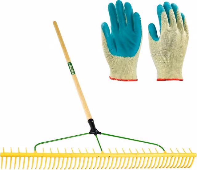 Pegdev PDL 48T Professional Heavy Duty Landscaping Rake Set in Bright Yellow with Gloves