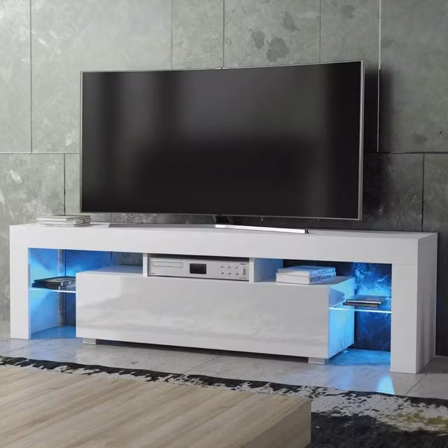 Mex Furniture LTD Aria Modern TV Unit in White with Glossy MDF Finish and Integrated LED Lighting, W: 160 cm, D: 35 cm, H: 45 cm