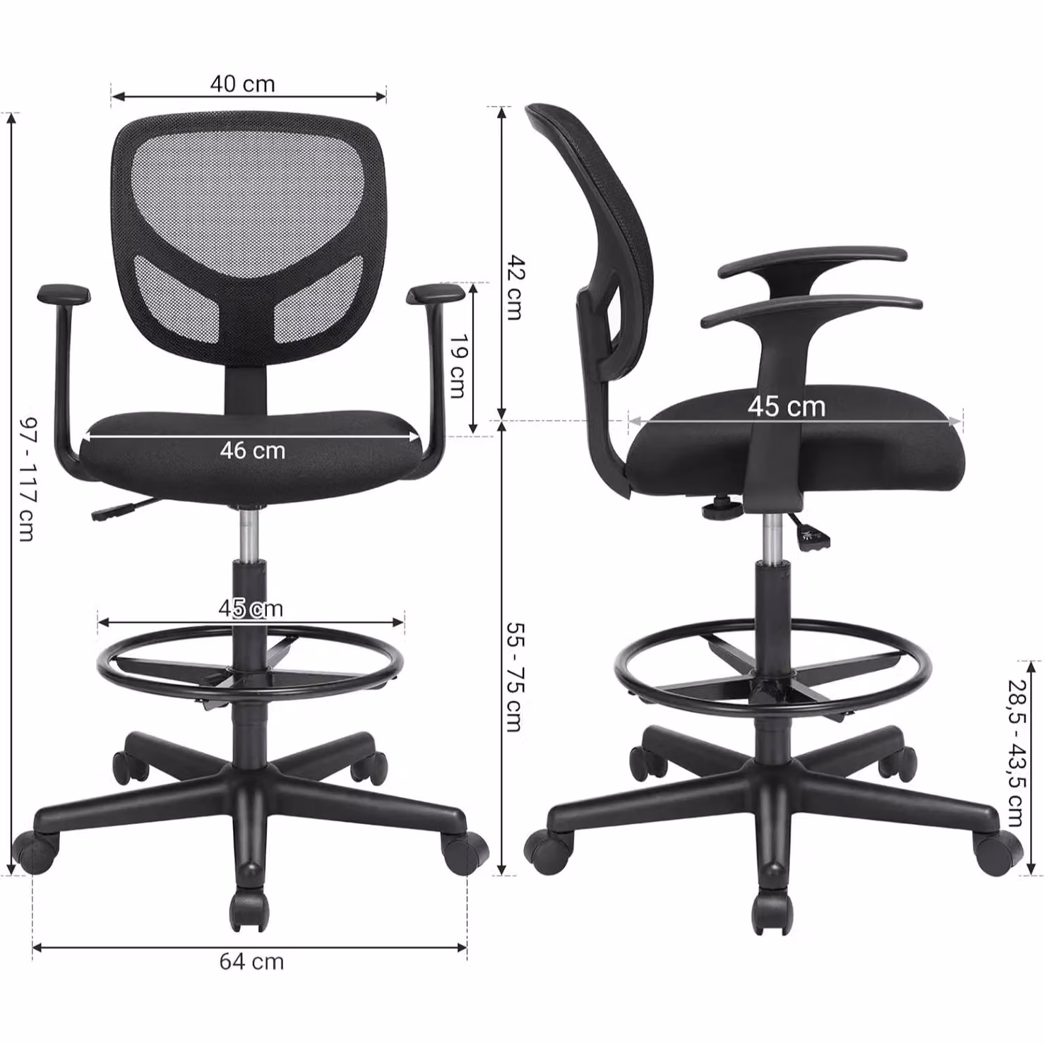 SONGMICS Black Mesh Drafting Chair with Armrests, Height Adjustable Footrest and Castors – 2