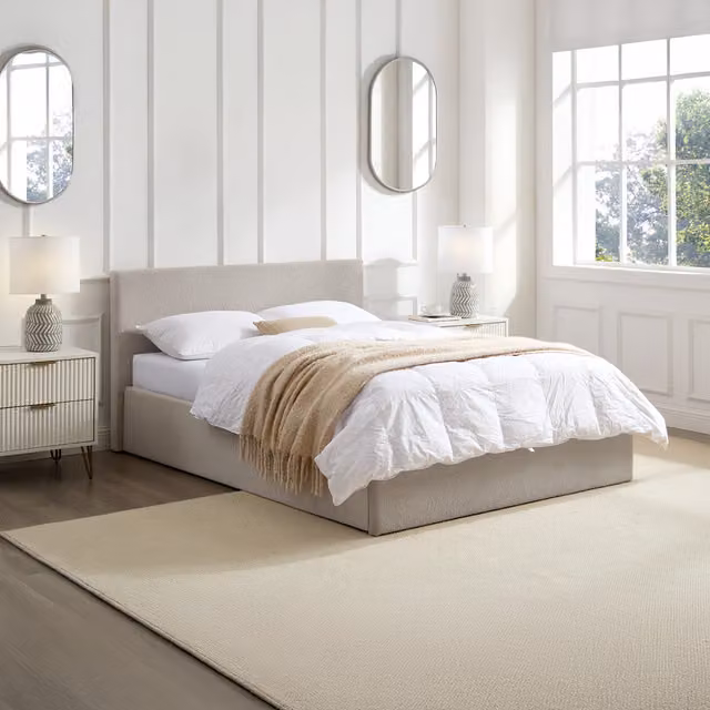 TEDDY BOUCLE Single Ottoman Gas Lift Storage Bed in Beige Boucle Fabric, W/D/H: 90 x 190 cm