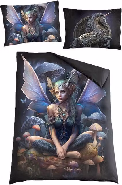Spiral Magical Fairy Cotton Duvet Cover and Pillowcase Set in Black, Single, 90 x 200 cm