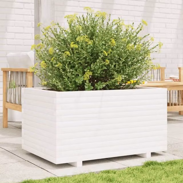 Berkfield Home Beautiful Garden Planter in White, Solid Wood Pine, W: 90 cm, D: 60 cm, H: 49.5 cm
