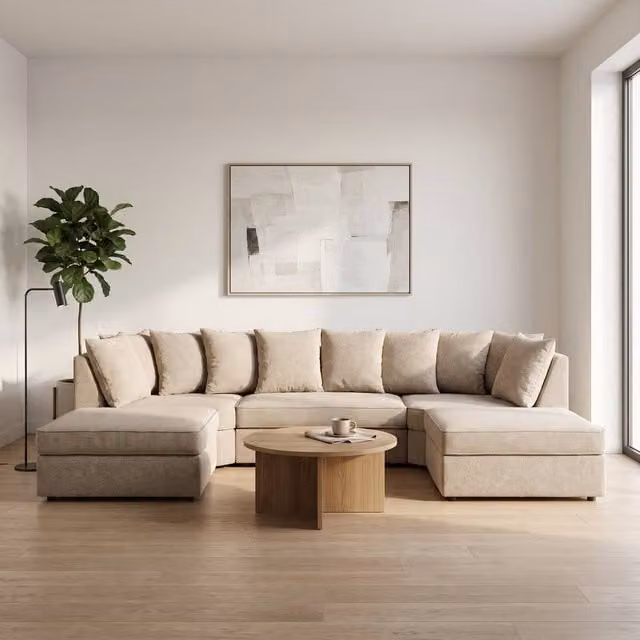 Abakus Direct Verona U-shape Corner Sofa in Beige Linen Fabric with Matching Ottoman and Scatter Cushions