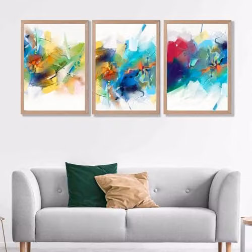 ARTZE Set of 3 Abstract Multicolour Fractal Wall Art with Light Oak Frames, W: 53 cm x H: 73 cm x D: 2 cm – 1