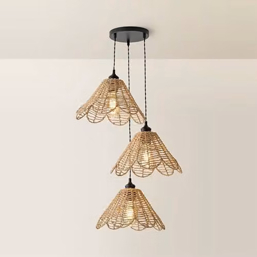 ValueLights 3 Drop Cluster Vine Rattan Flower Pendant Light in Black and Brown
