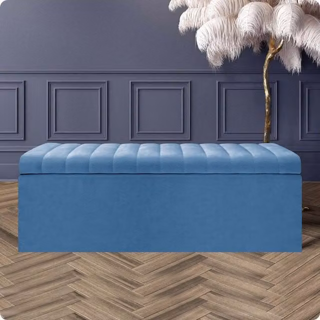 Safar R&M Furnishers Ottoman Storage Box, Duck Egg Blue and White Striped Plush Velvet Upholstered Blanket Chest and End of Bed Bench