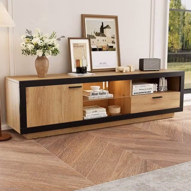 Rolipo Modern Wood and Black LED TV Stand Cabinet in Brown for 70 Inch TVs, Width: 160 cm