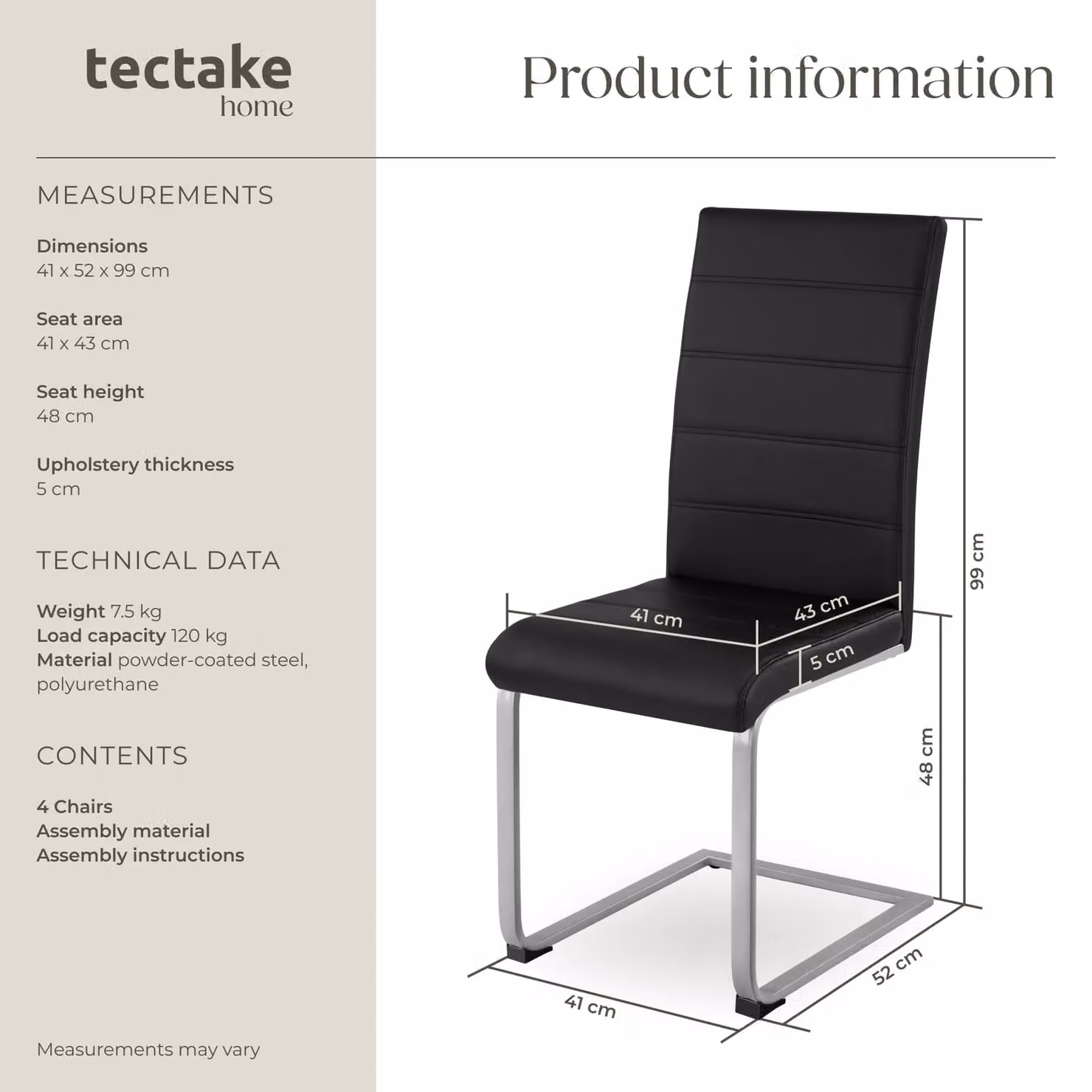 tectake Bettina Set of 4 Dining Chairs in Black Synthetic Leather with Metal Cantilever Base – 6