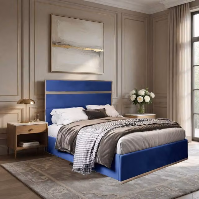 KDMD Holt Super King Designer Bed Frame in Blue Soft Velvet and Metal – 1