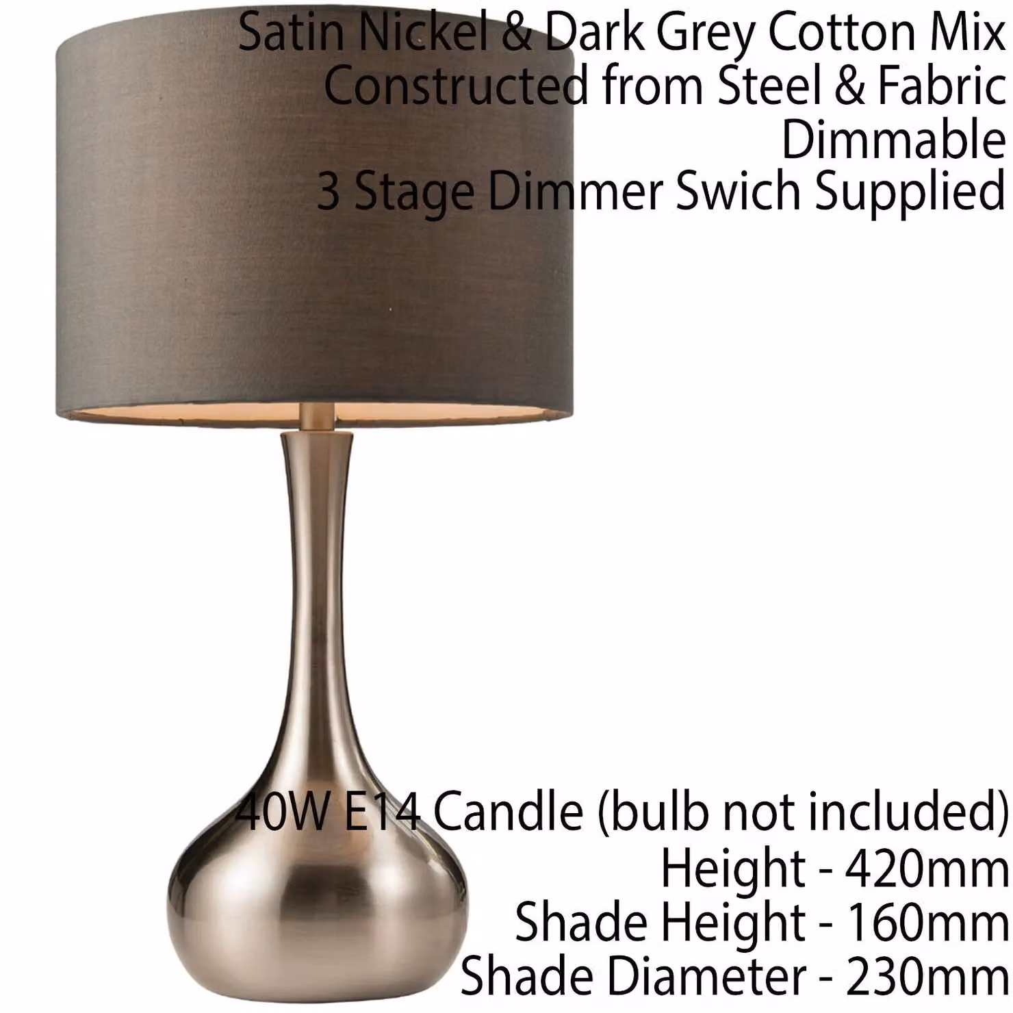 Loops Dimmable Touch Table Lamp with Grey Fabric Shade and Silver Metal Base – 2