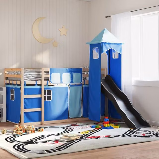 Berkfield Home Blue Solid Wood Childrens Bunk Bed with Slide and Curtains W: 80 cm, L: 200 cm