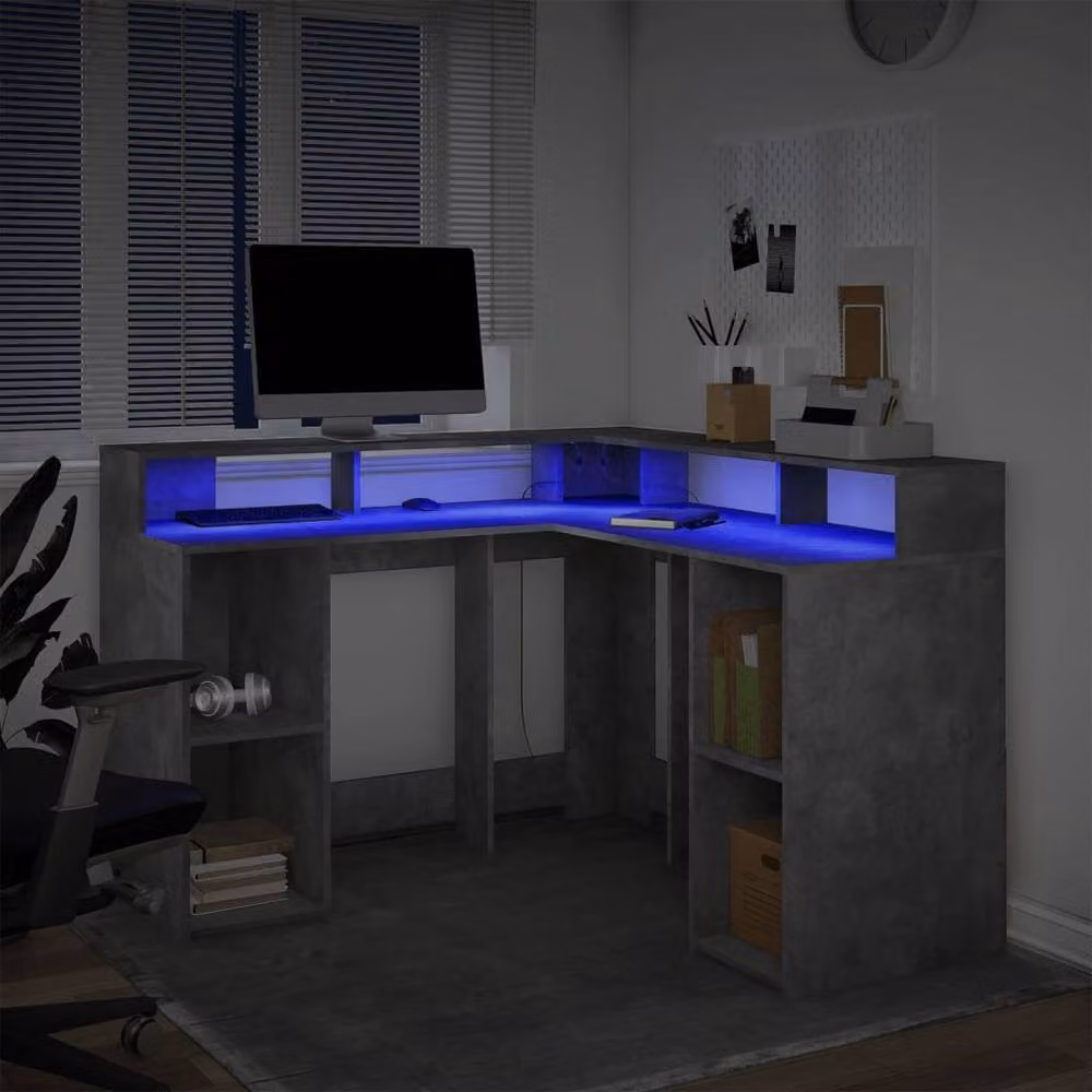 Berkfield Home Soft Desk with LED Lights in Concrete Grey, W/D/H: 130 x 130 x 91 cm – 3