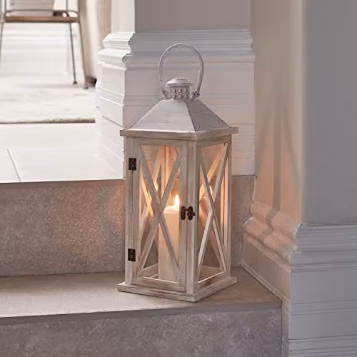 Lights4fun Folkestone White Wooden Battery Operated LED TruGlow Candle Lantern with Handle H 42 cm x W 18 cm x D 18 cm – 2
