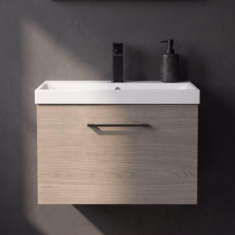 Balterley 600mm Wall Hung 1 Drawer Vanity Basin Unit in Mid Oak with Black Handle – 6