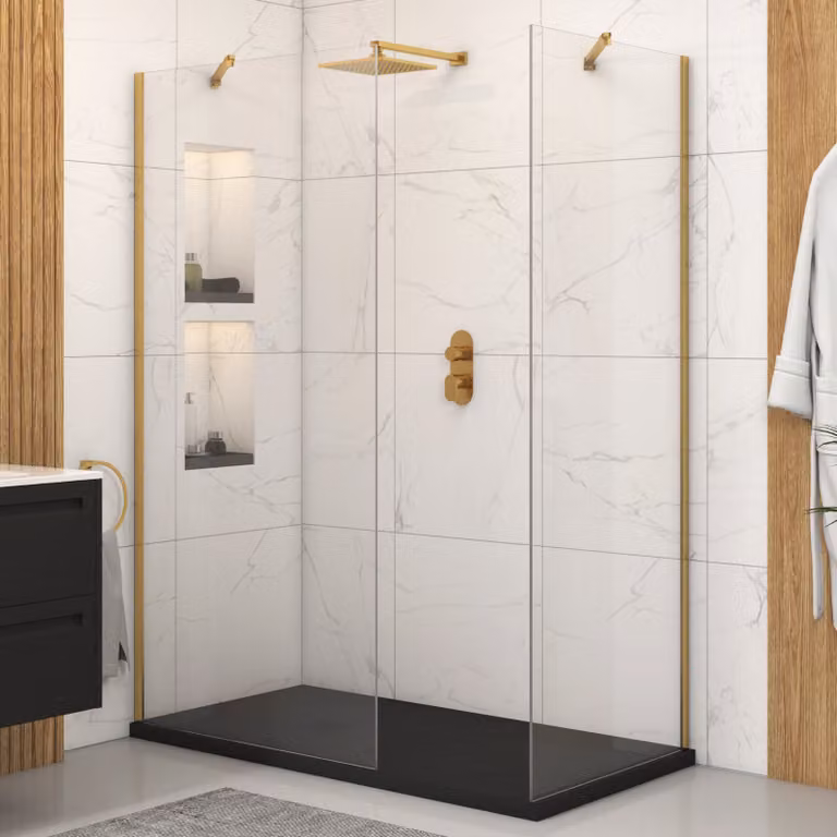 Royal Bathrooms Marbella Walk In Shower Enclosure with Black Mineral Cast Stone Tray and 8mm Easy Clean Glass, Brushed Brass, W: 170 cm, D: 80 cm