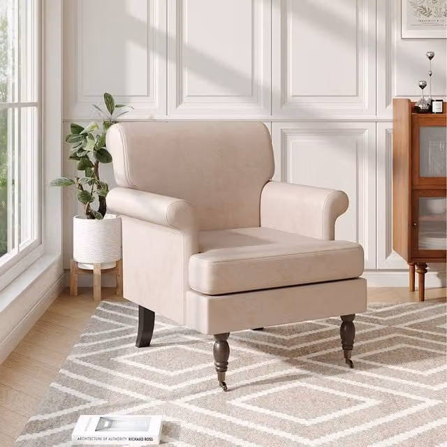 Komore Beige Velvet Armchair with Armrests and Solid Wood Frame