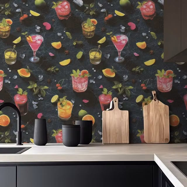Erismann After Dark Cocktail Vinyl Wallpaper in Black and Multicolour