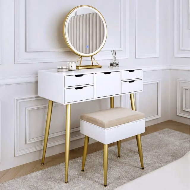 CARME Hollywood LED Dressing Table in Glossy White and Gold with Glass Top