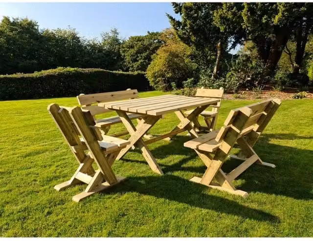 Churnet Valley Garden Furniture Ltd Ashcome Ash Wood Garden Table Set in Brown with 2 Benches, 4 Chairs and Cushions