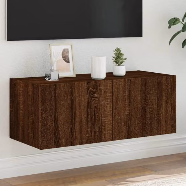 Berkfield Home Modern Wall Mounted TV Cabinet with Integrated LED Lights in Brown Oak, W/D/H: 80 x 35 x 31 cm