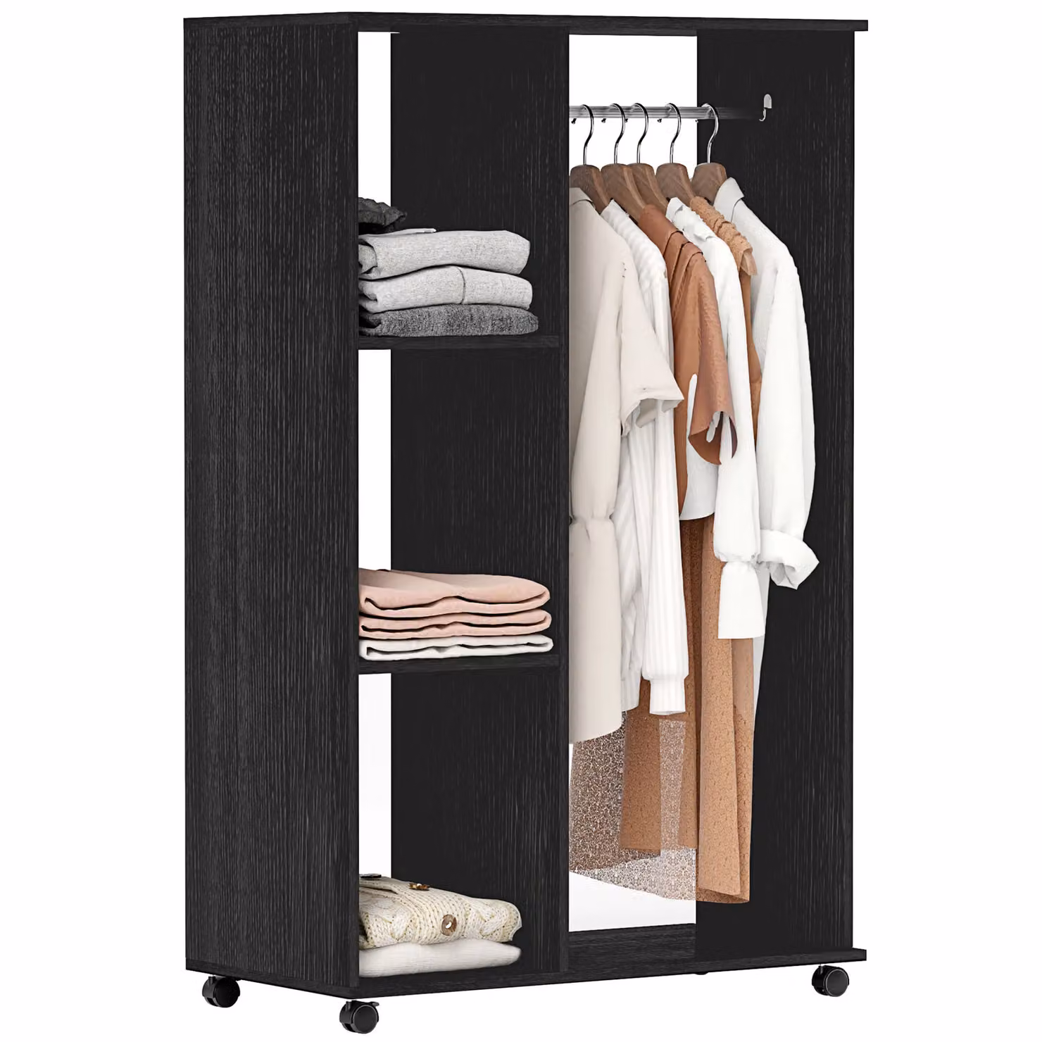 HOMCOM Rolling Open Wardrobe with Hanging Rail and Storage Shelves in Black – 2