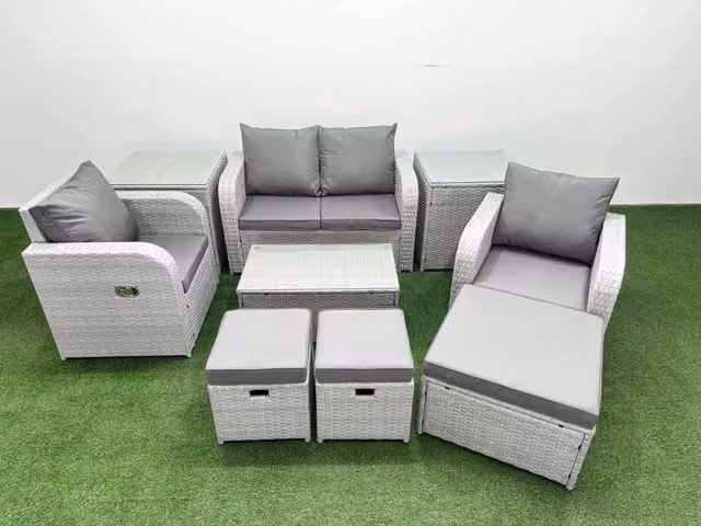 Fimous 7 Seater Light Grey PE Wicker Rattan Garden Furniture Set with Upholstered Cushions, 2 Seater Sofa, Lounge Armchairs, Ottomans, Coffee Table and Side Tables