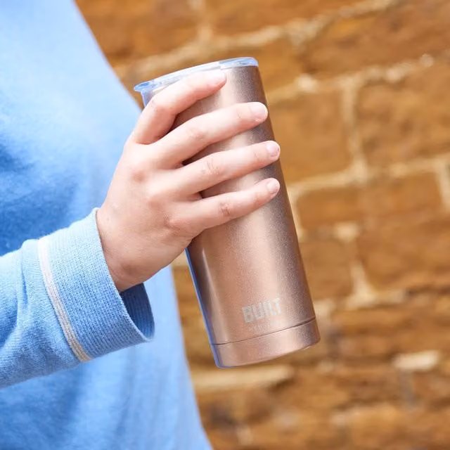 Built Double Walled Stainless Steel Travel Mug with Lid, Rose Gold and Yellow, 590ml