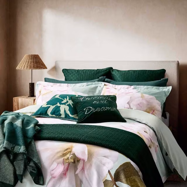 Ted Baker Gardenia Floral Mako Satin Cotton Duvet Cover and Pillowcase Set, Green, W: 140 cm, H: 200 cm