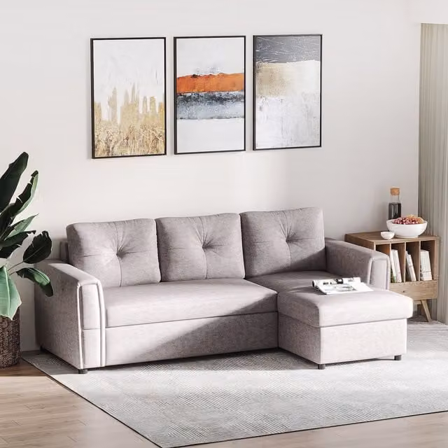 HOMCOM L-Shaped Sofa Bed with Storage in Grey Linen-Look Fabric – 1