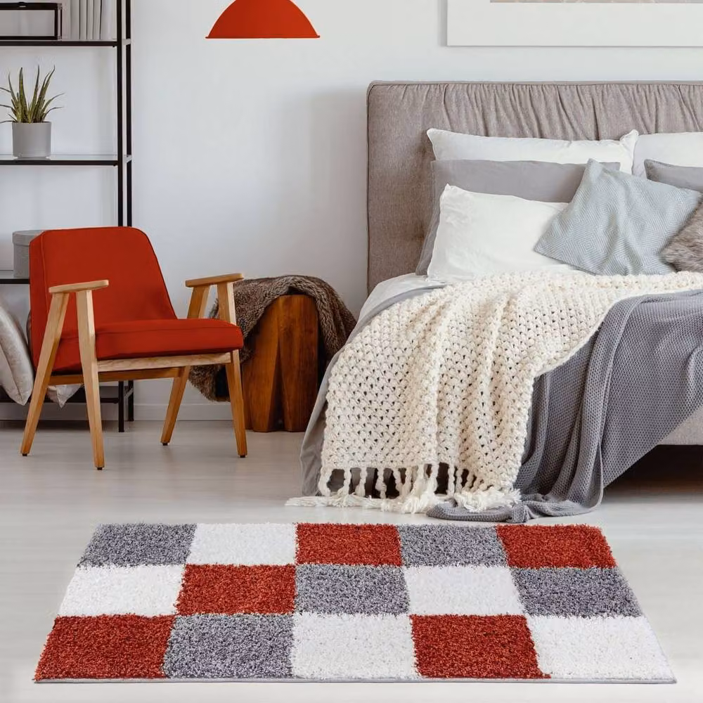 THE RUGS Soft Check High Pile Shaggy Rug for Living Room or Bedroom, Terracotta, W: 240 cm, D: 340 cm – 7