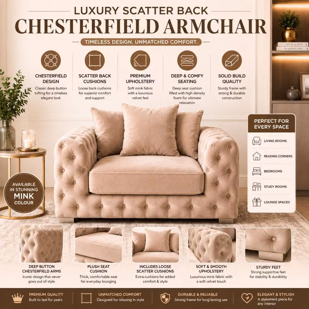 Stratus Interiors Ashley Luxe Chesterfield L-Shape Scatter Back Sofa in Beige Velvet – 5
