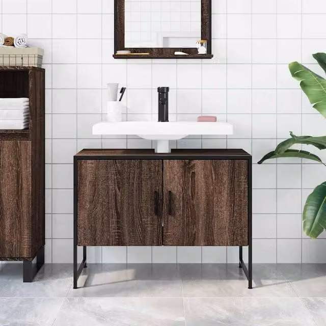Berkfield Home Sturdy Bathroom Sink Cabinet in Brown Oak, W/D/H: 80 x 33 x 60 cm
