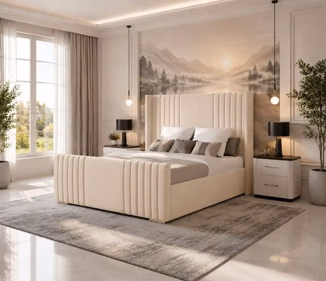 K Mehmood Enterprise Ltd Modern Upholstered Fabric Divan Bed Set with Mattress and Headboard in Beige, W/D/H: 150 x 200 cm