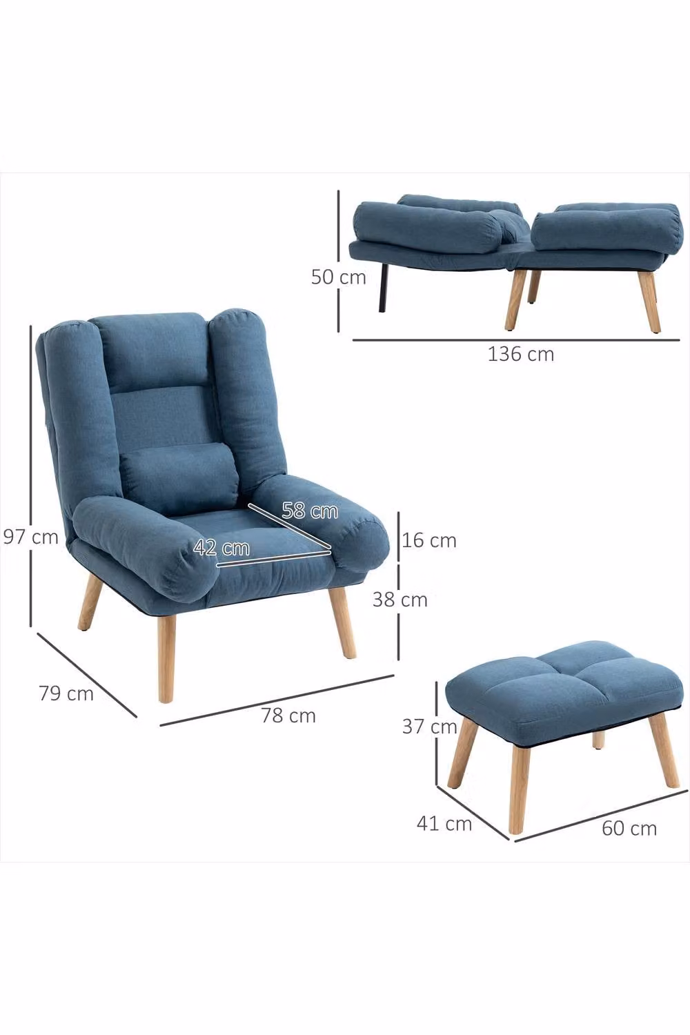 ERGOVEXA Recliner Chair with Ottoman and Wooden Legs, Blue – 2