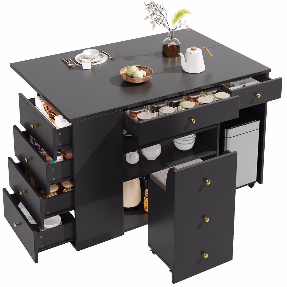 Rolipo Kitchen Island with Stools and 6 Drawers, White/Black/Gold, Width: 140 cm – 6