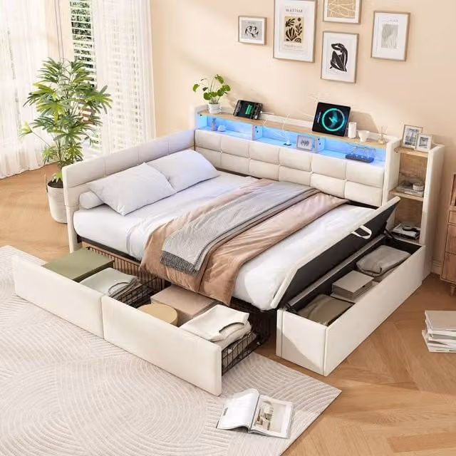 ModernLuxe Upholstered Double Bed in Beige with Storage Drawers, LED Lighting and USB Charging Port, W/D/H: 140 x 190 x 111 cm