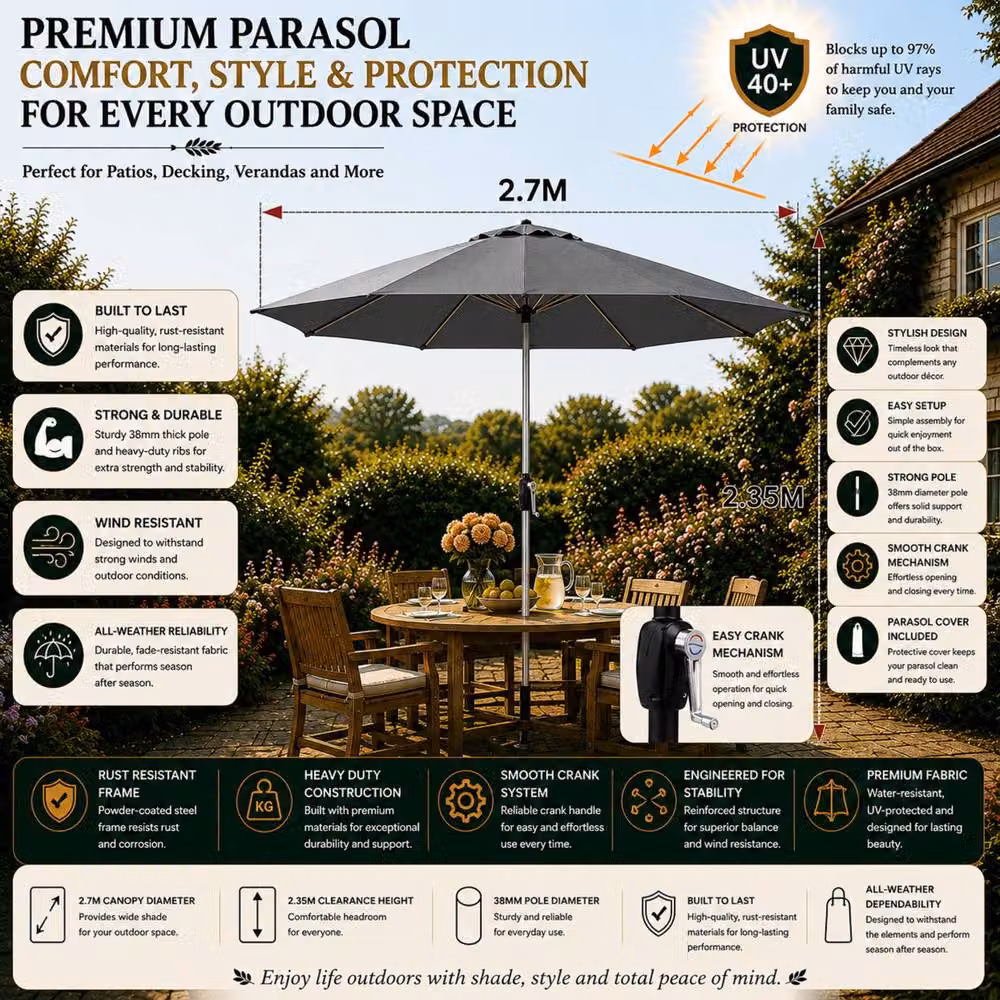 Glamhaus Dark Grey Aluminium Garden Parasol with Tilting Crank Mechanism, Diameter: 270 cm – 2