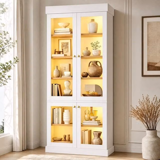 STILVORA White Modern Storage Cabinet with Glass Doors, Integrated LED Lighting and Internal Shelves, H: 180.0 cm, W: 80.0 cm