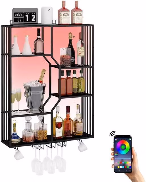 FORGEVIO Wall Mounted Metal Wine Rack with RGB LED Lighting in Matt Black, Width: 50 cm – 1