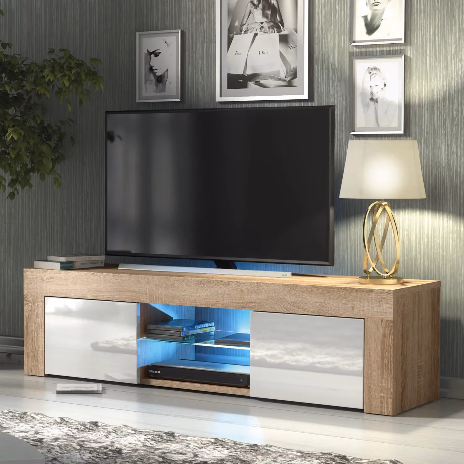 Mex Furniture LTD Modern Glossy TV Unit with LED Lights in Light Oak, W: 130 cm, D: 35 cm, H: 35 cm – 4