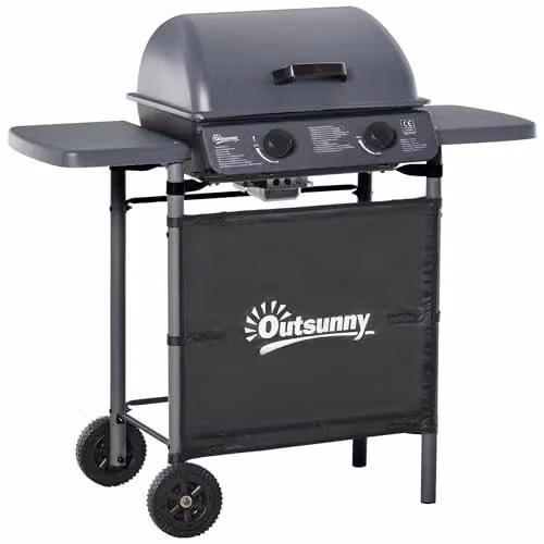 Outsunny 2 Burner Propane Gas Barbecue Grill with Trolley, 5.6 kW, Grey