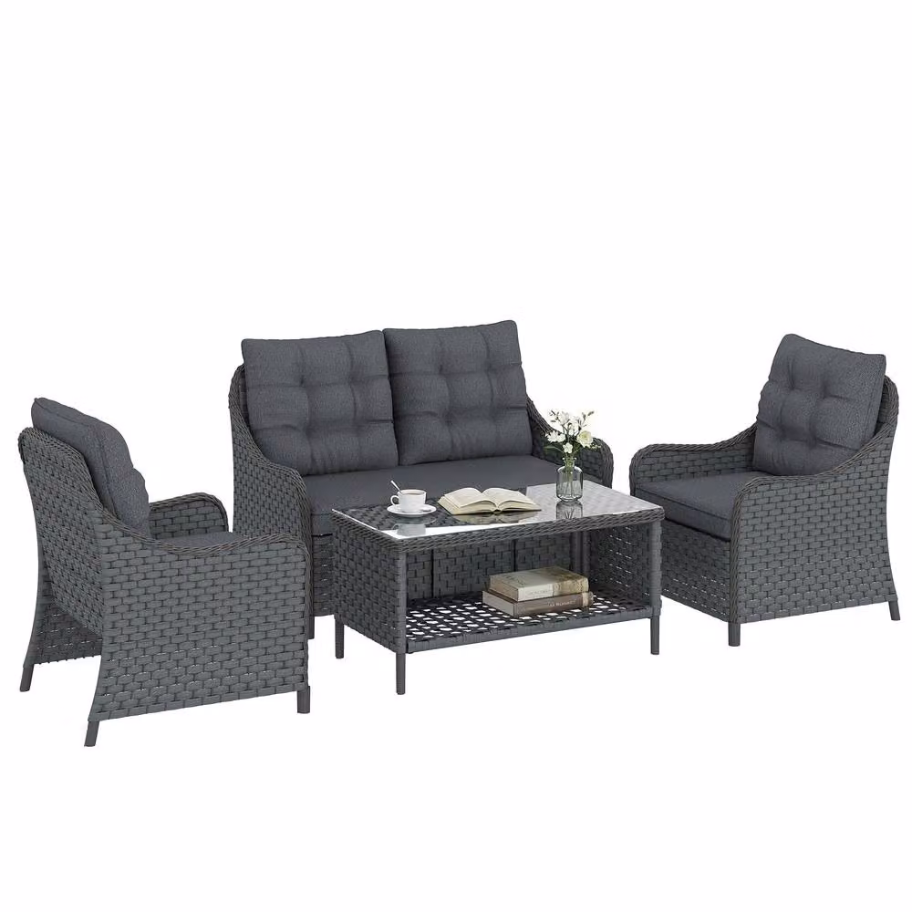 OUTSUNNY 4 Piece Grey Polyrattan Patio Furniture Set with Upholstered Cushions and Removable Covers – 2