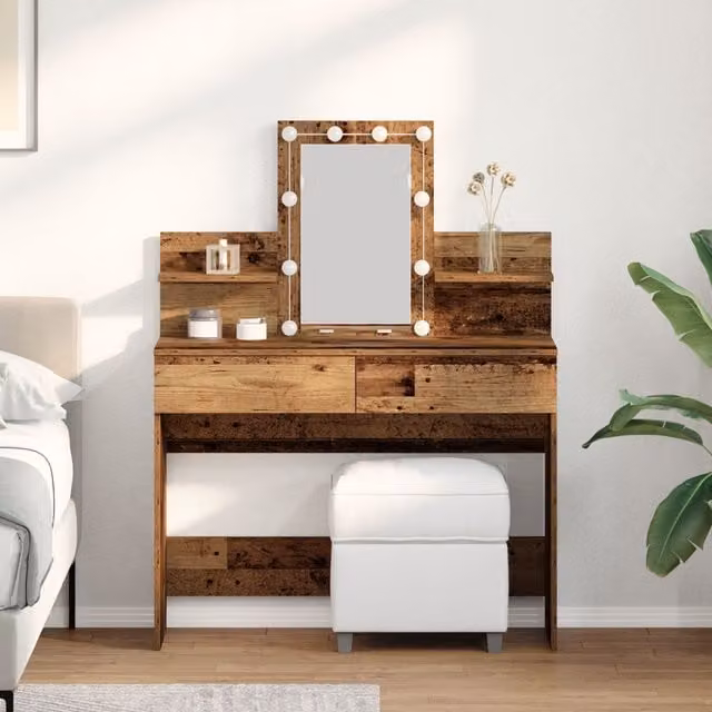 Berkfield Home Hollywood LED Dressing Table with Mirror in Brown Rustic Wood – 1