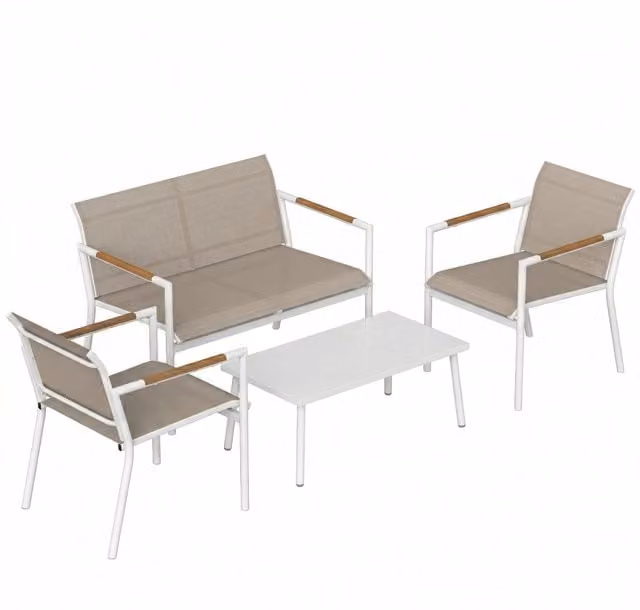 Outsunny 4 Seater Metal Garden Furniture Set with Loveseat, Armchairs and Table in Beige