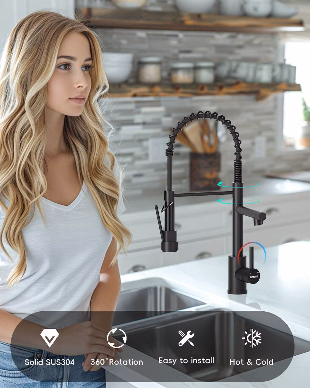 Dayone Sleek Kitchen Tap with 360 Degree Swivel and Pull Out Spout in Black Stainless Steel – 4