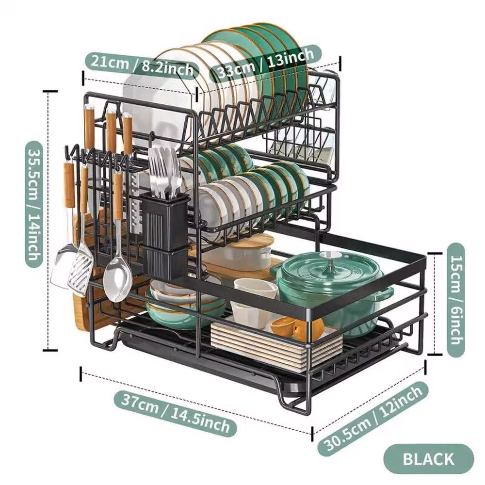 EONLION 3 Tier Kitchen Sink Dish Drainer Rack with Cutlery Holder and Drip Tray, Black – 2